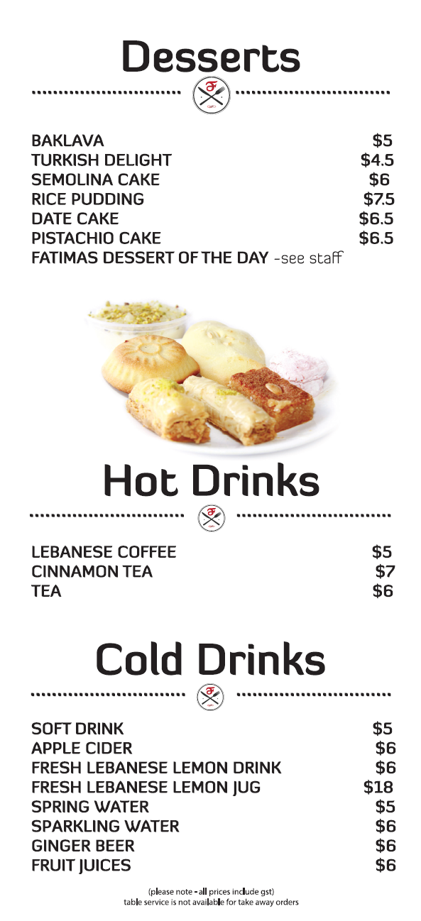 Desserts, Hot drinks, Cold Drinks